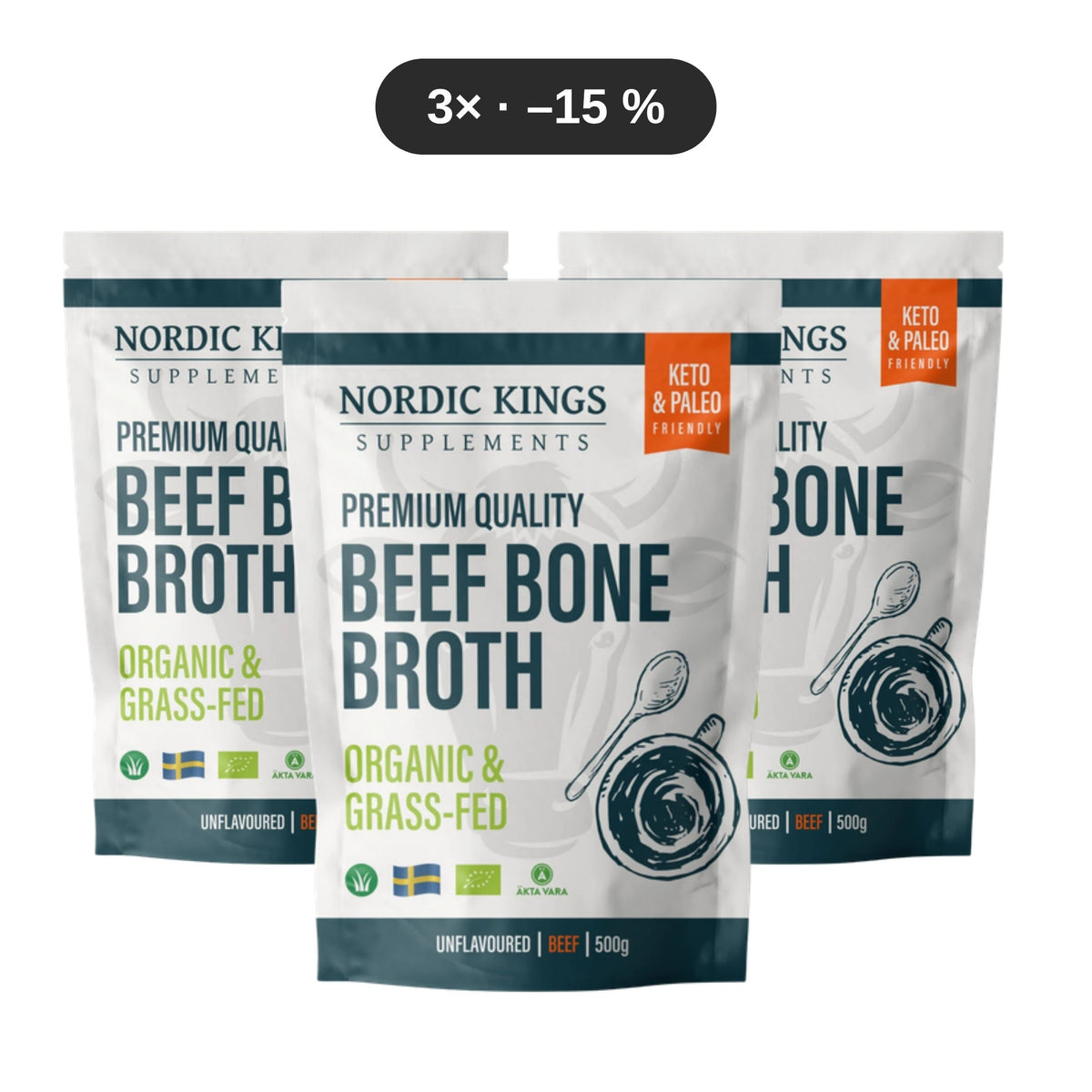 Confezione da 3 brodo di ossa bio in polvere di collagene 500 g