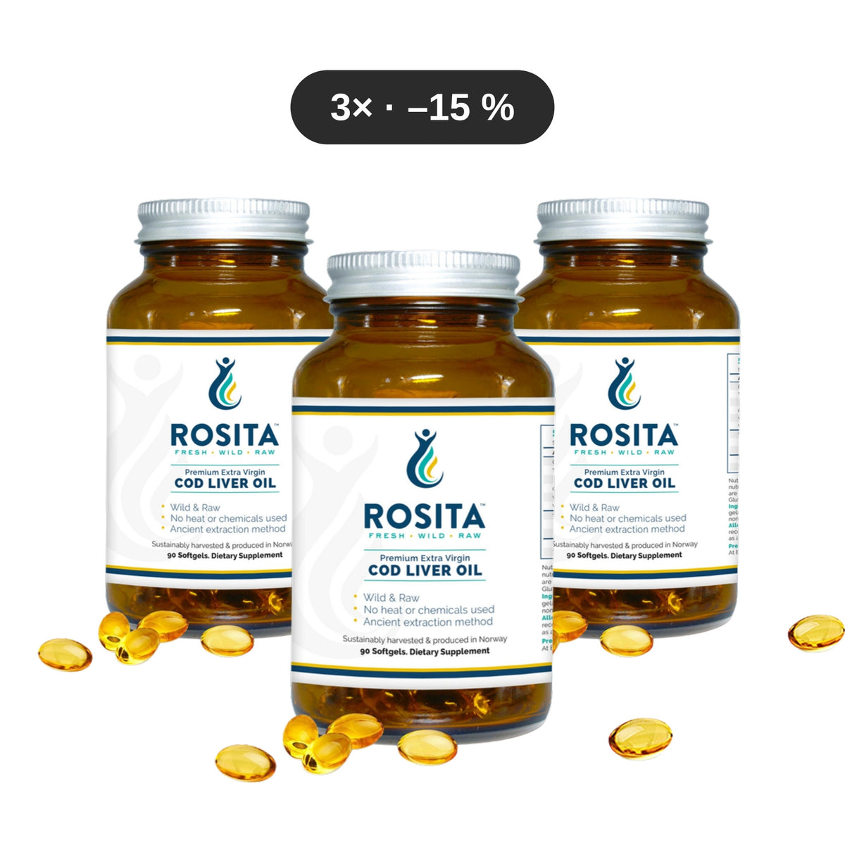 Confezione da 3 olio di fegato di merluzzo Rosita EVCLO 90 capsule