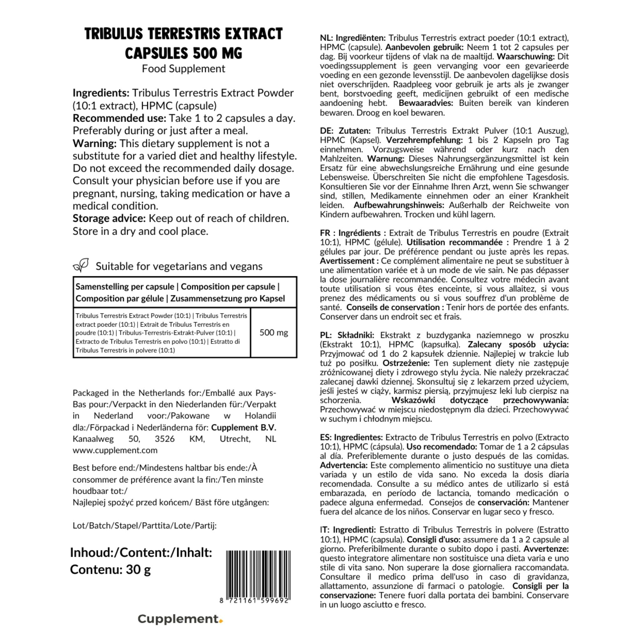 Tribulus Terrestris Extrakt 500mg - 60 Kapseln - Cupplement - Heilpflanze - Kapseln - Leistung - montcalia.ch