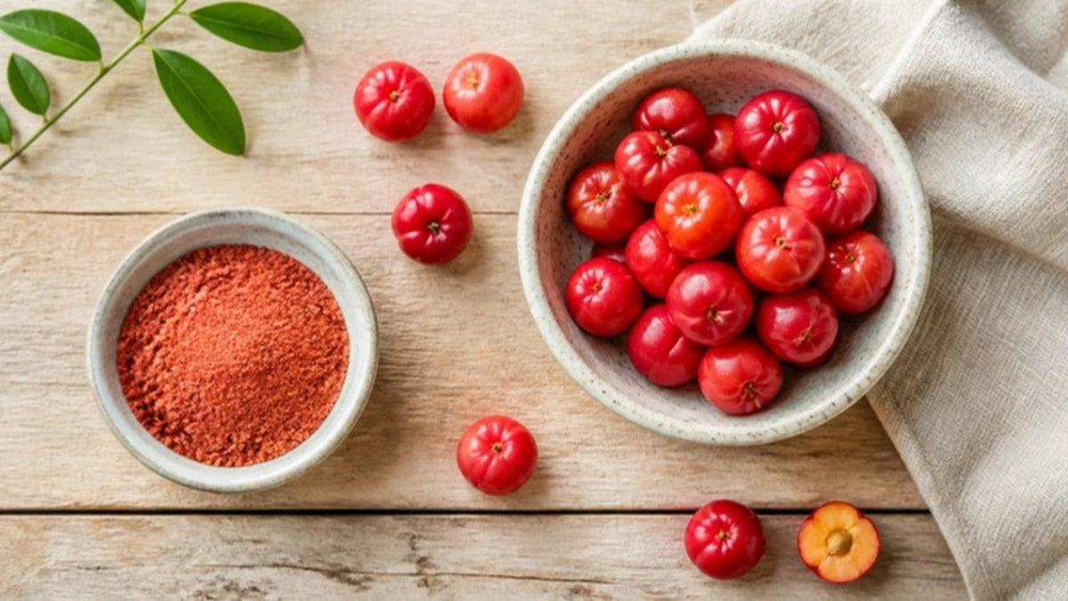 Rote Acerola-Früchte in einer Schale neben einem Schälchen mit rötlich-orangem Fruchtpulver auf einem Holztisch