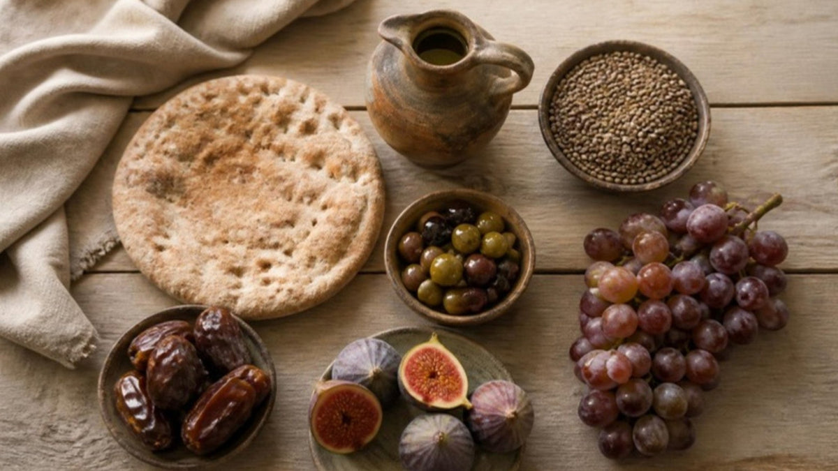 Fladenbrot, Datteln, Feigen, Oliven, Olivenöl, Trauben und Linsen auf einem Holztisch