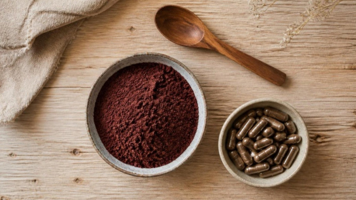 Schale mit dunklem gefriergetrocknetem Organpulver und Kapseln auf einem Holztisch