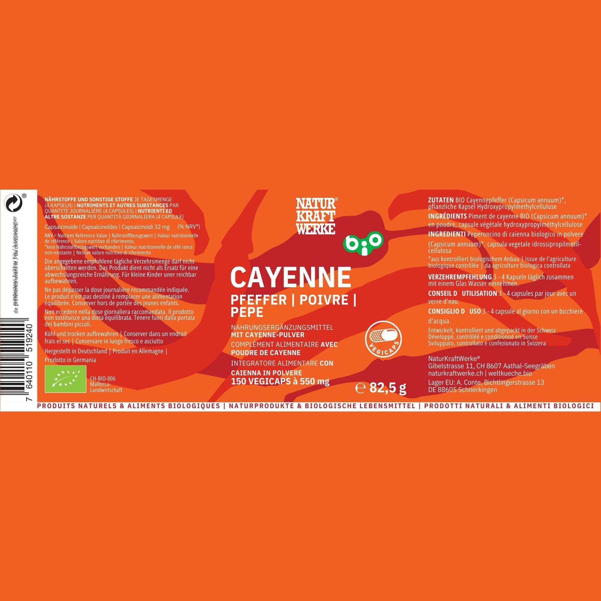 Bio Cayenne Chili - 150 Kapseln - Naturkraftwerke - Abnehmen - Adaptogen - Adaptogene - montcalia.ch