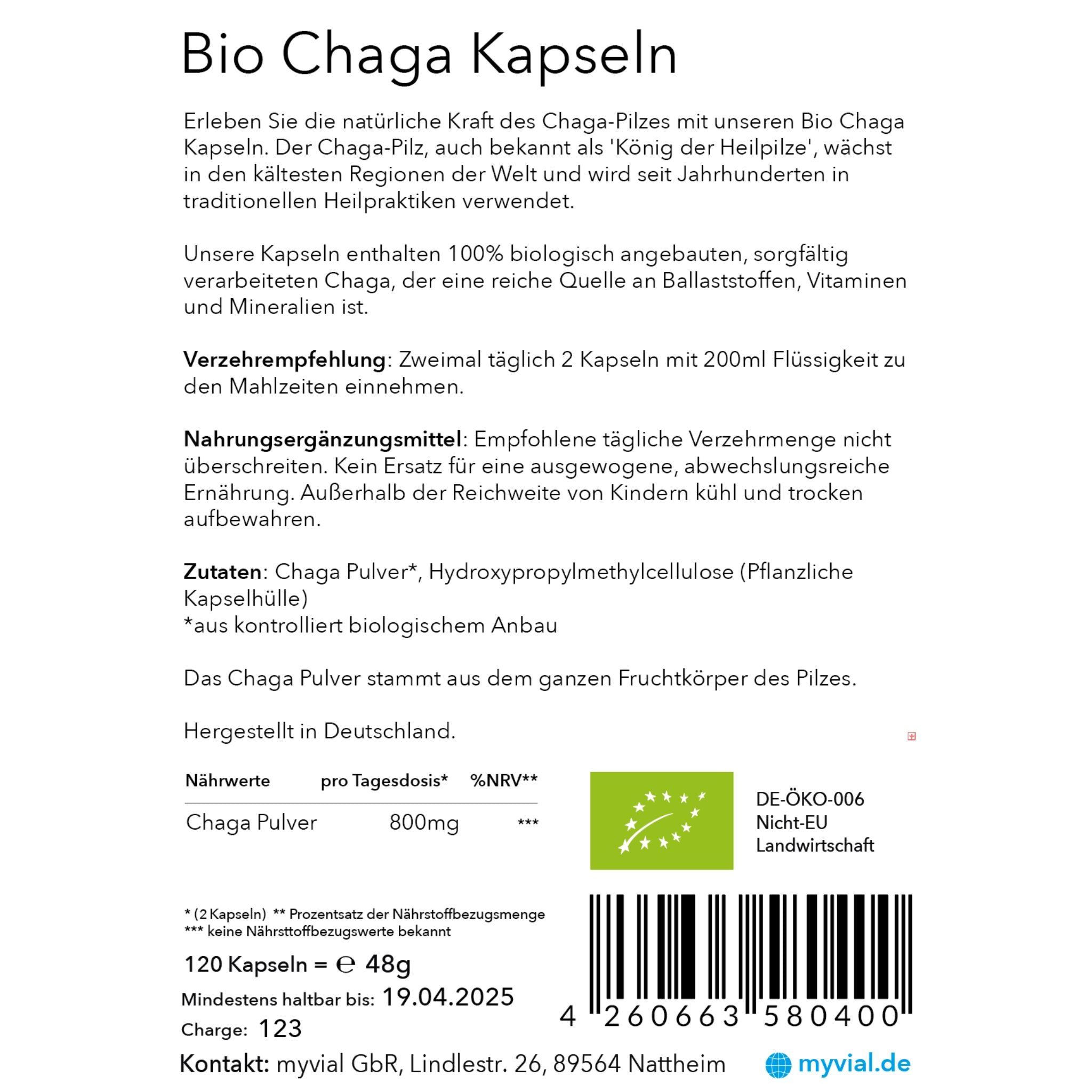 Bio Chaga - 120 Kapseln - myvial - Bio - chaga - EU Bio - montcalia.ch