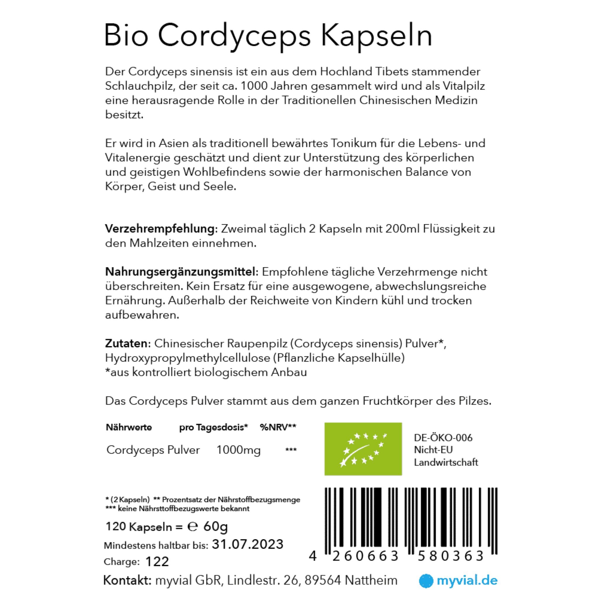 Bio Cordyceps - 120 Kapseln - myvial - Adaptogen - Adaptogene - Ayurveda - montcalia.ch