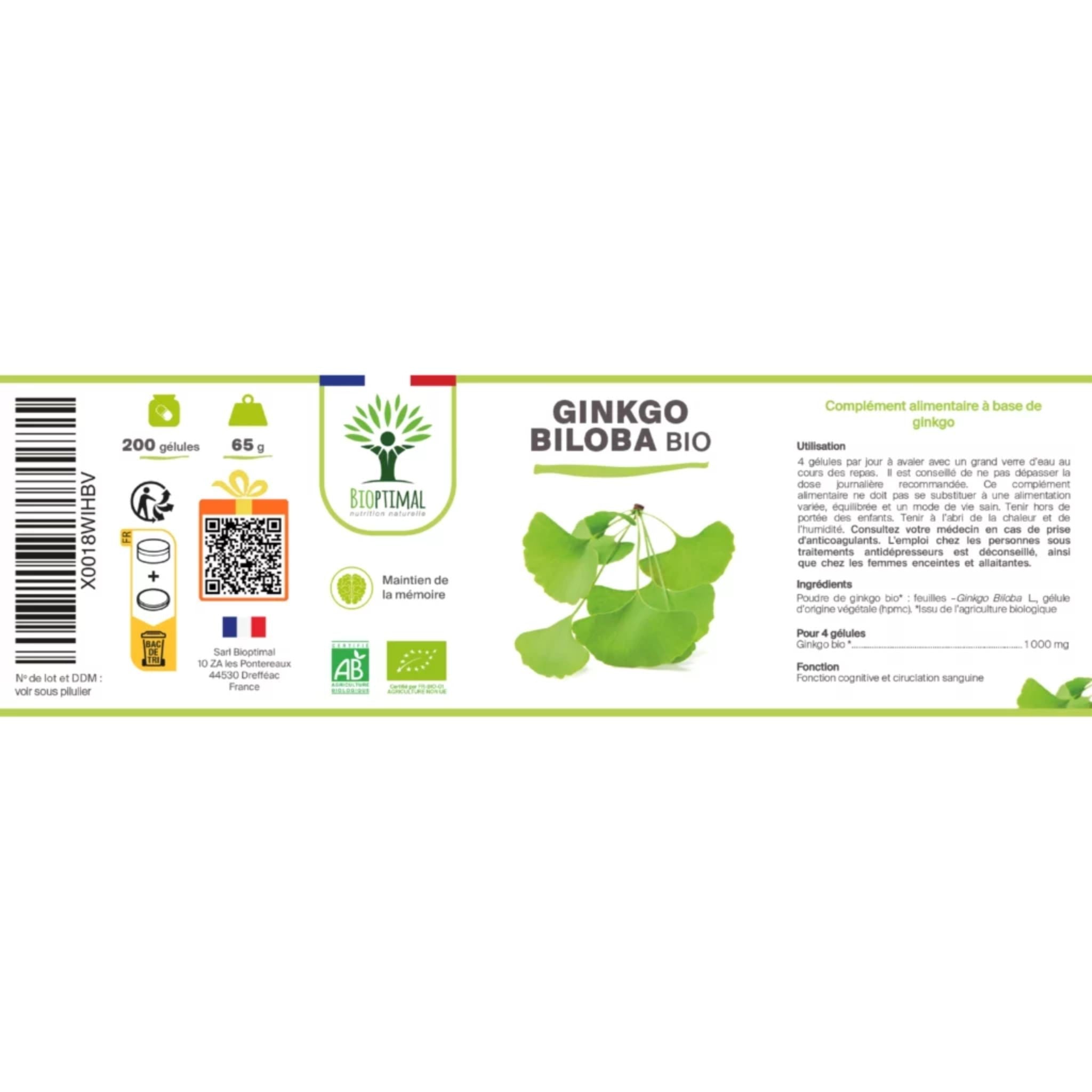 Bio Ginkgo Biloba - 200 Kapseln - Bioptimal - Adaptogen - Adaptogene - Bio - montcalia.ch