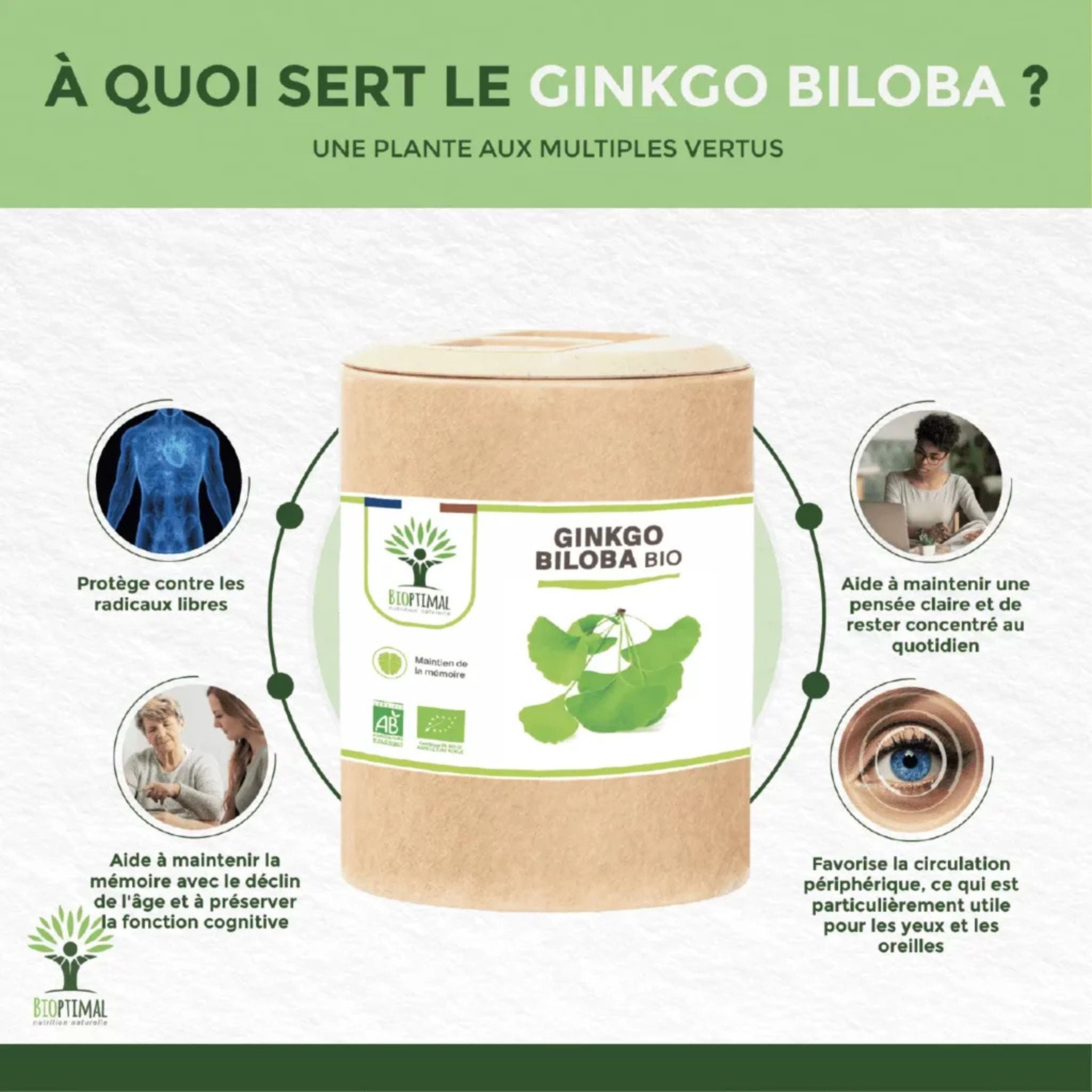 Bio Ginkgo Biloba - 200 Kapseln - Bioptimal - Adaptogen - Adaptogene - Bio - montcalia.ch