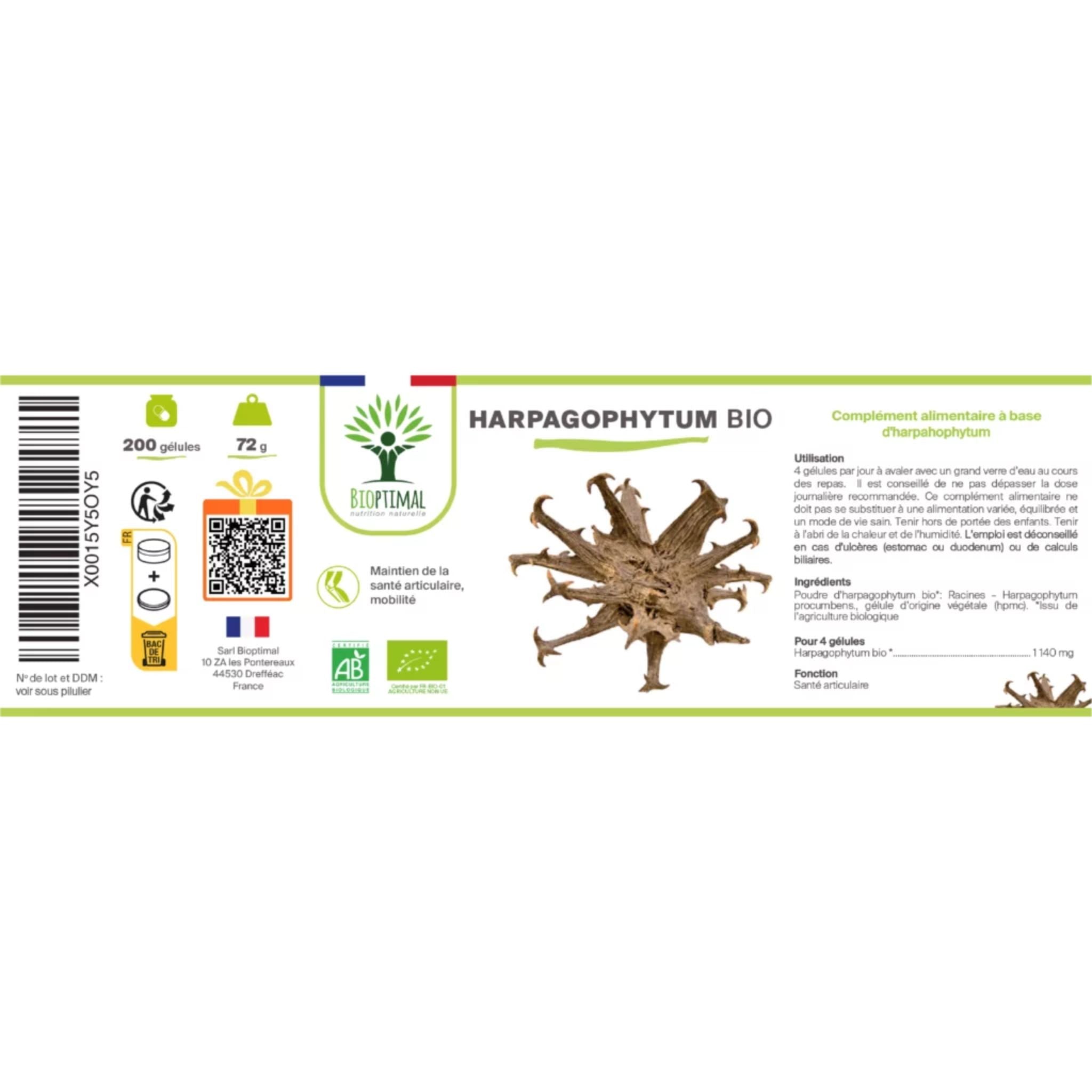 Bio Harpagophytum - 200 Kapseln - Bioptimal - Afrikanische Teufelskralle - Bio - Bioptimal - montcalia.ch