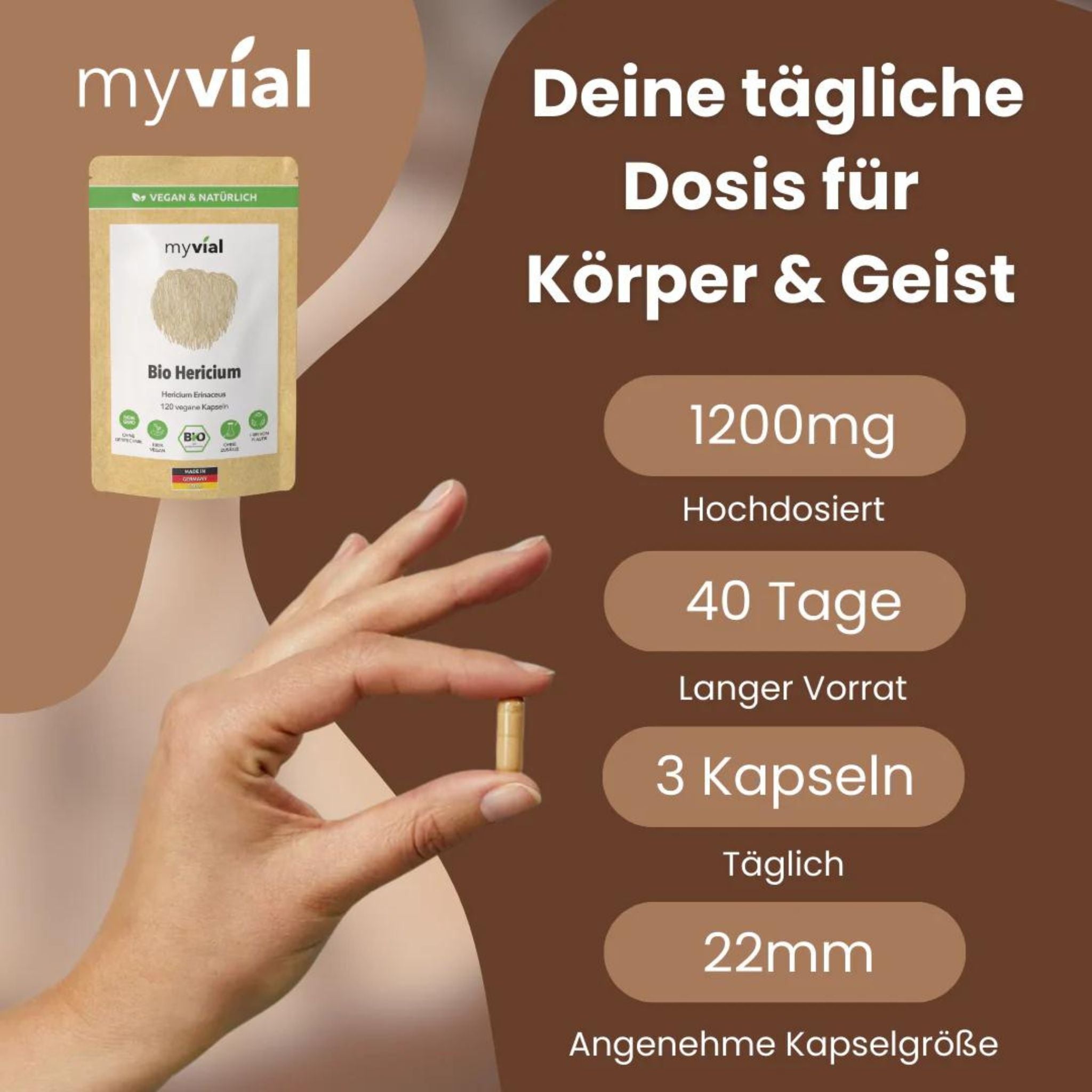 Bio Löwenmähnenpilz Hericium Lions Mane - 120 Kapseln - myvial - Adaptogen - Adaptogene - Affenkopfpilz - montcalia.ch