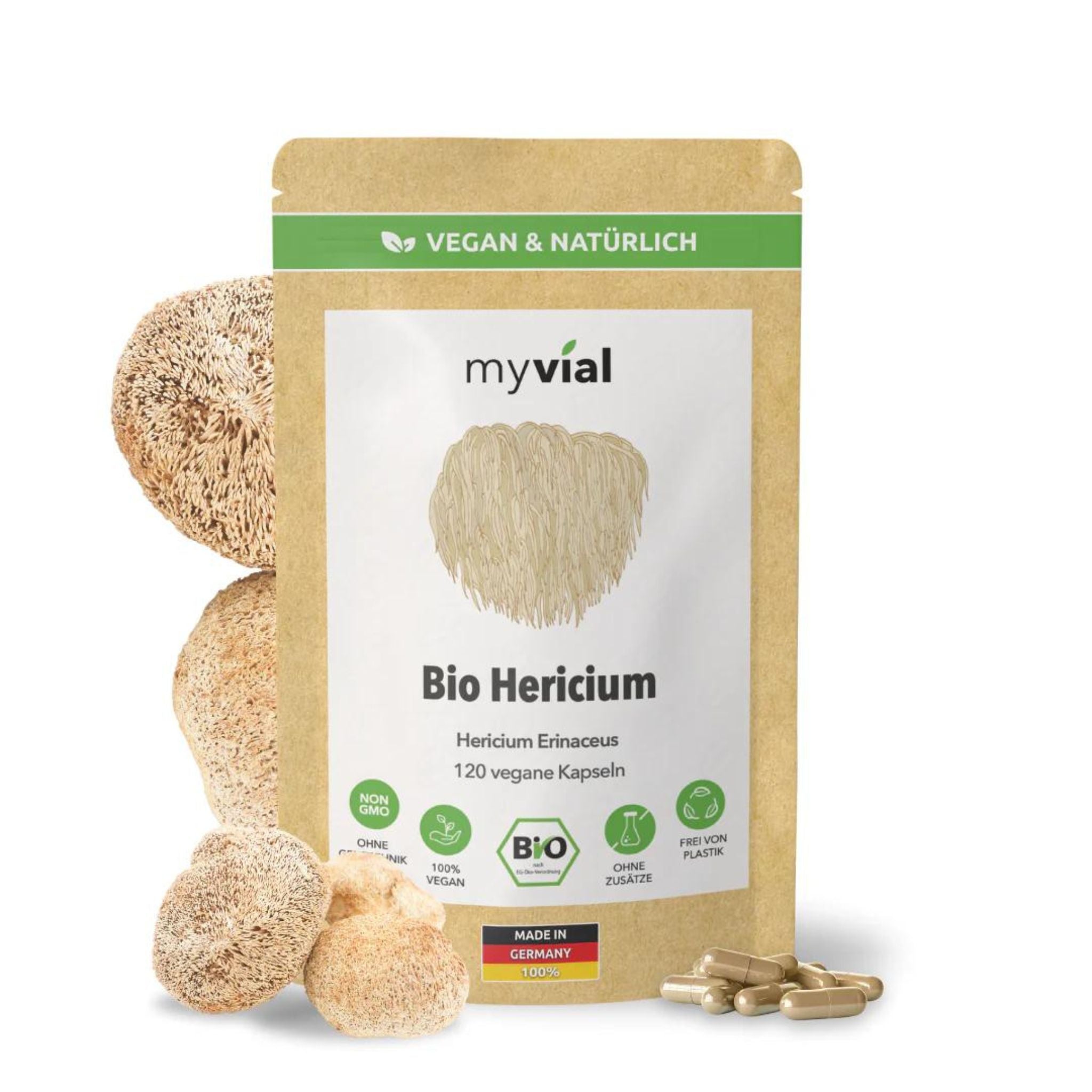 Bio Löwenmähnenpilz Hericium Lions Mane - 120 Kapseln - myvial - Adaptogen - Adaptogene - Affenkopfpilz - montcalia.ch