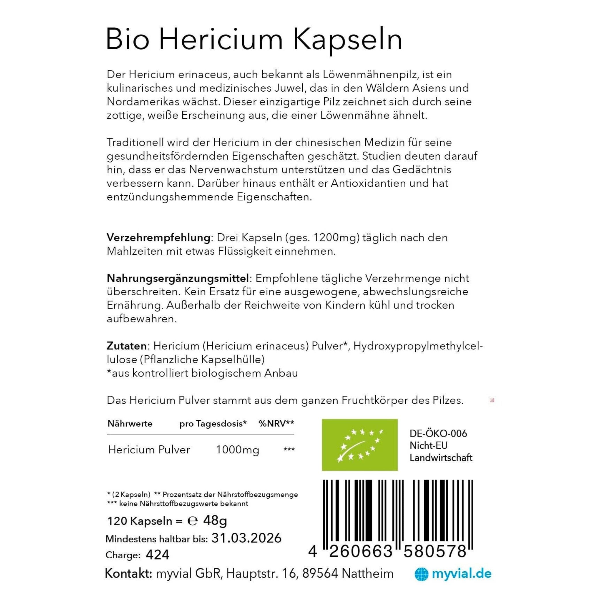 Bio Löwenmähnenpilz Hericium Lions Mane - 120 Kapseln - myvial - Adaptogen - Adaptogene - Affenkopfpilz - montcalia.ch