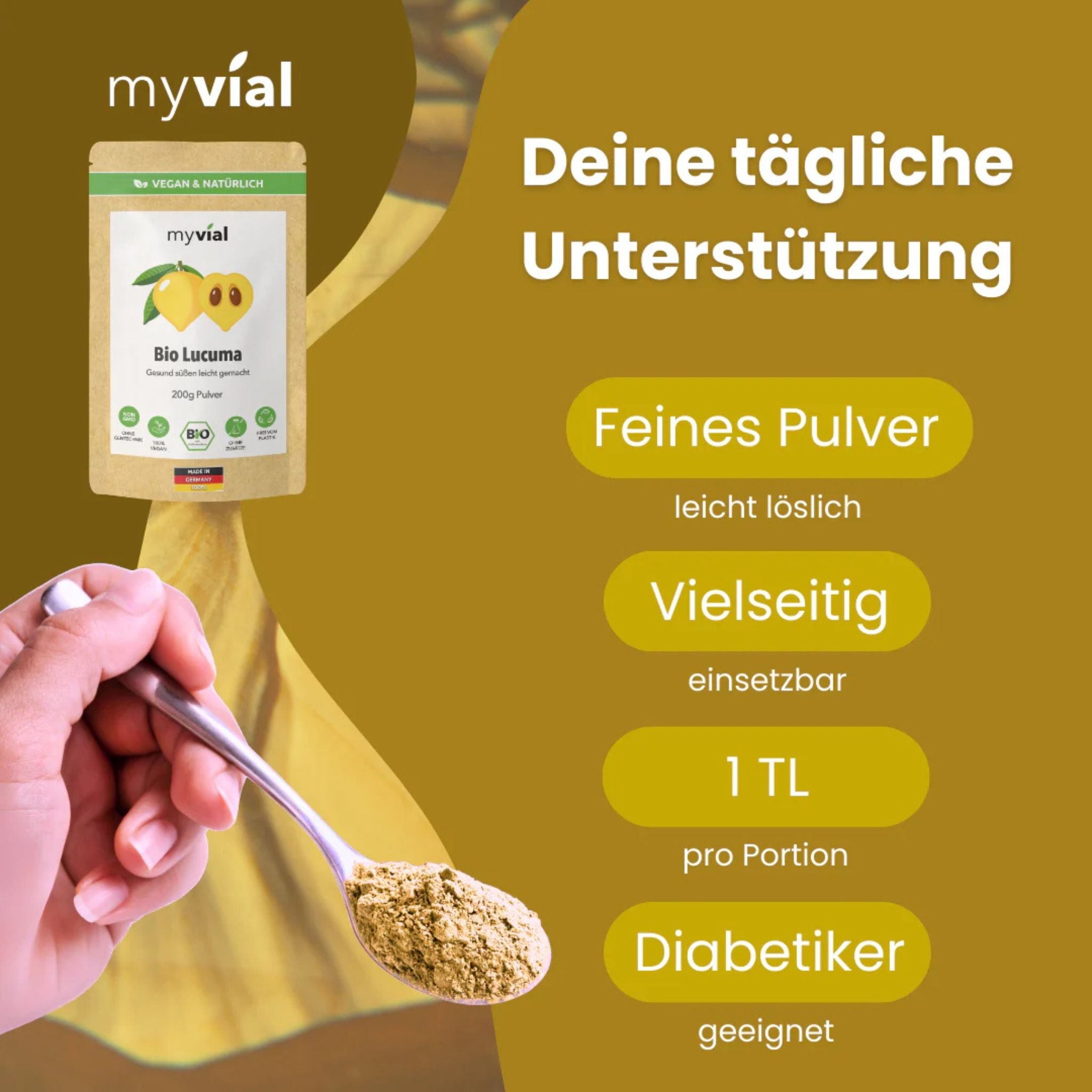 Bio Lucuma - 200g Pulver - myvial - Bio - EU Bio - Gold der Inkas - montcalia.ch