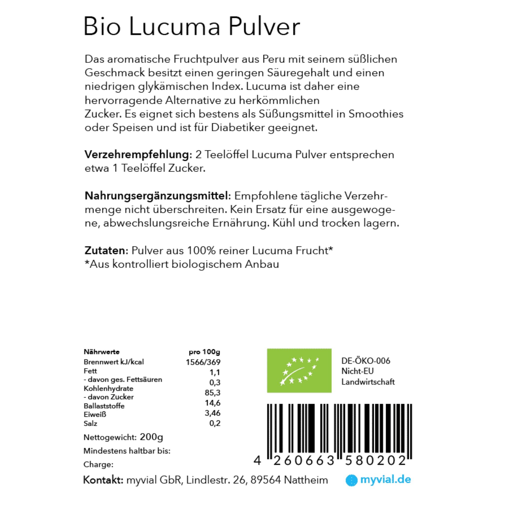 Bio Lucuma - 200g Pulver - myvial - Bio - EU Bio - Gold der Inkas - montcalia.ch