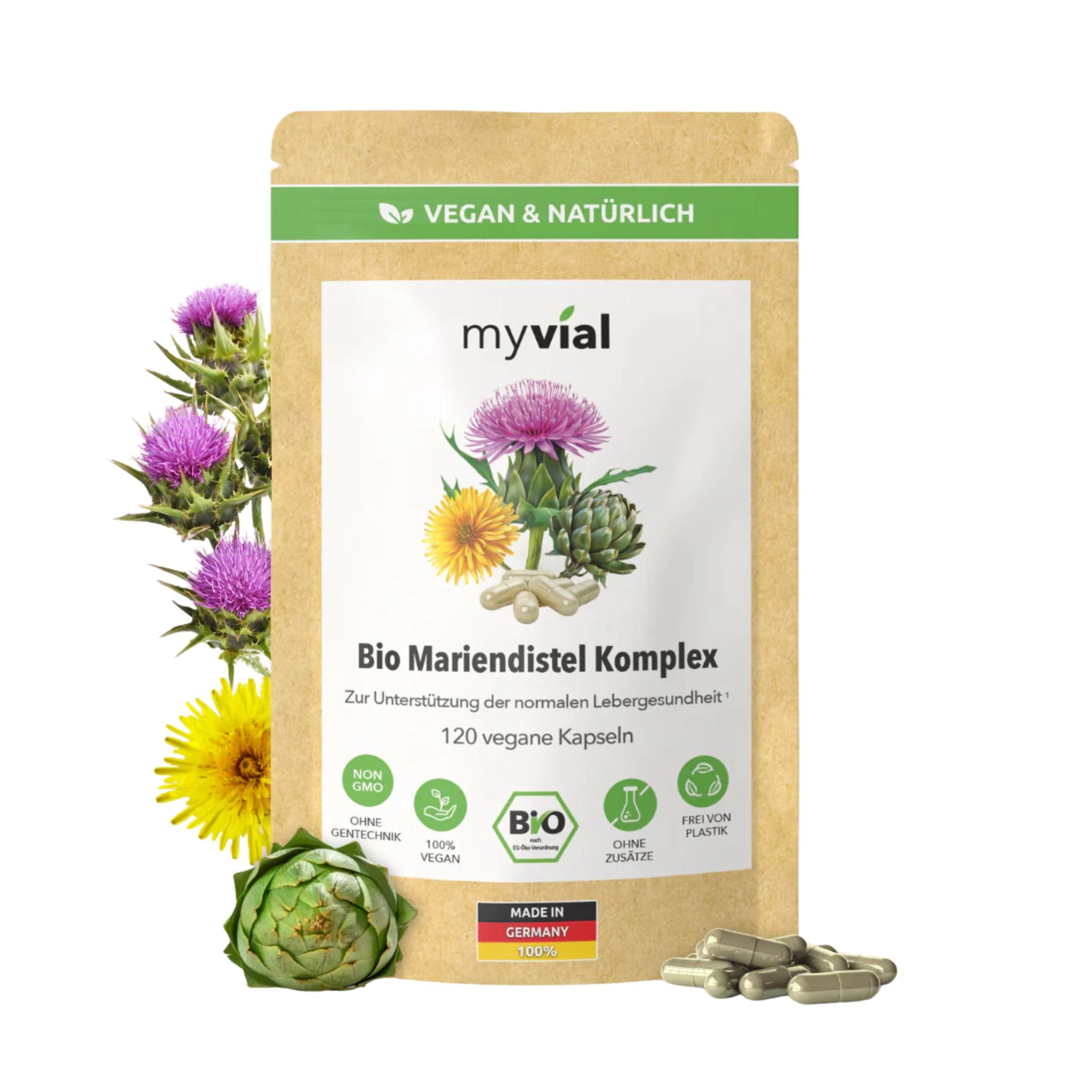 Bio Mariendistel Komplex - 120 Kapseln - myvial - Bio - Entgiftung - EU Bio - montcalia.ch