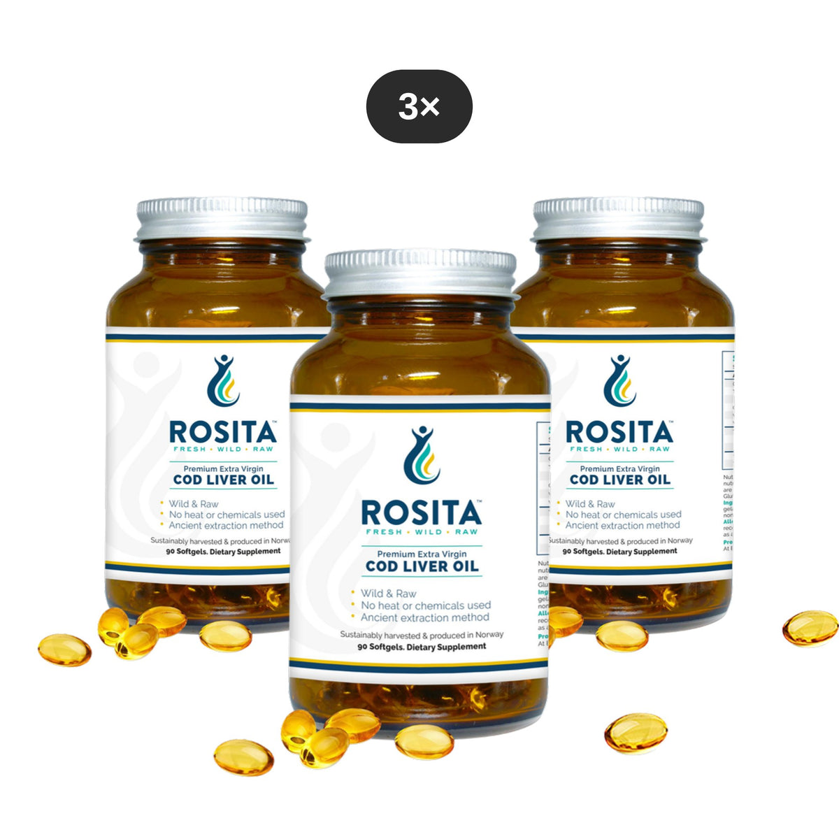 Lot de 3 huile de foie de morue Rosita EVCLO 90 capsules