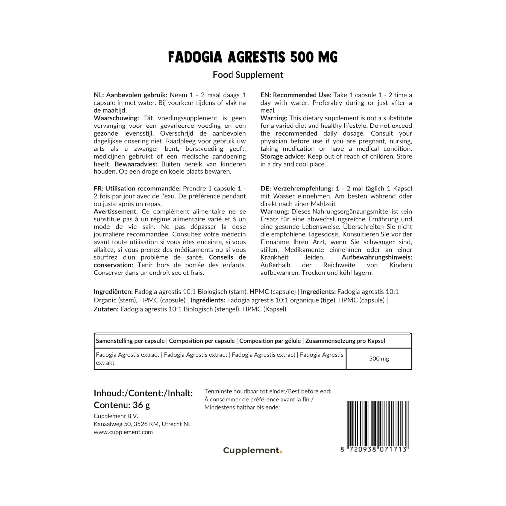 Fadogia Agrestis Extrakt 500mg - 60 Kapseln - Cupplement - Aphrodisikum - Fadogia agrestis - Fruchtbarkeit - montcalia.ch