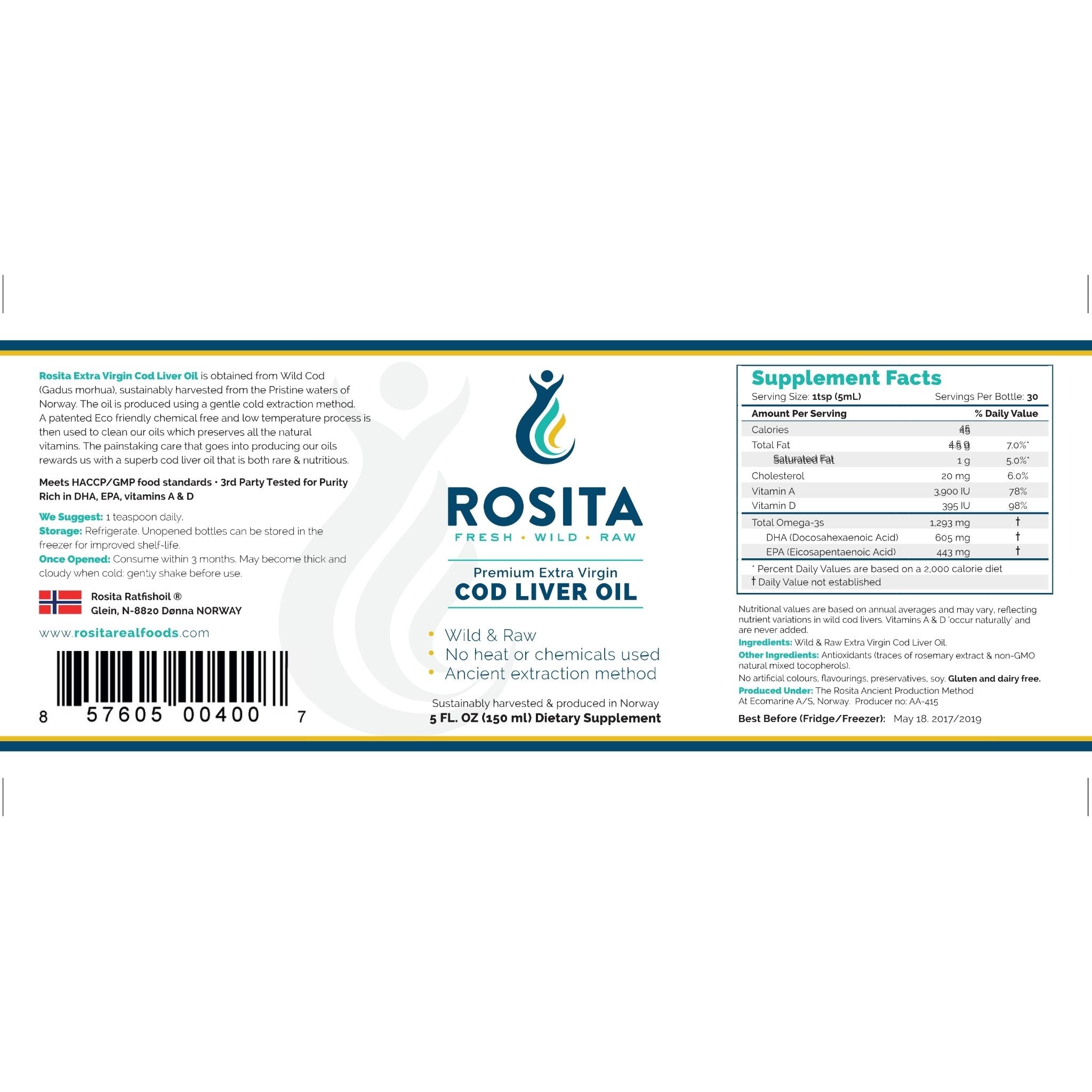 Lebertran Rosita EVCLO flüssig - 150ml - Rosita Real Foods - 1000 UI - 5000 IU - Abnehmen - montcalia.ch