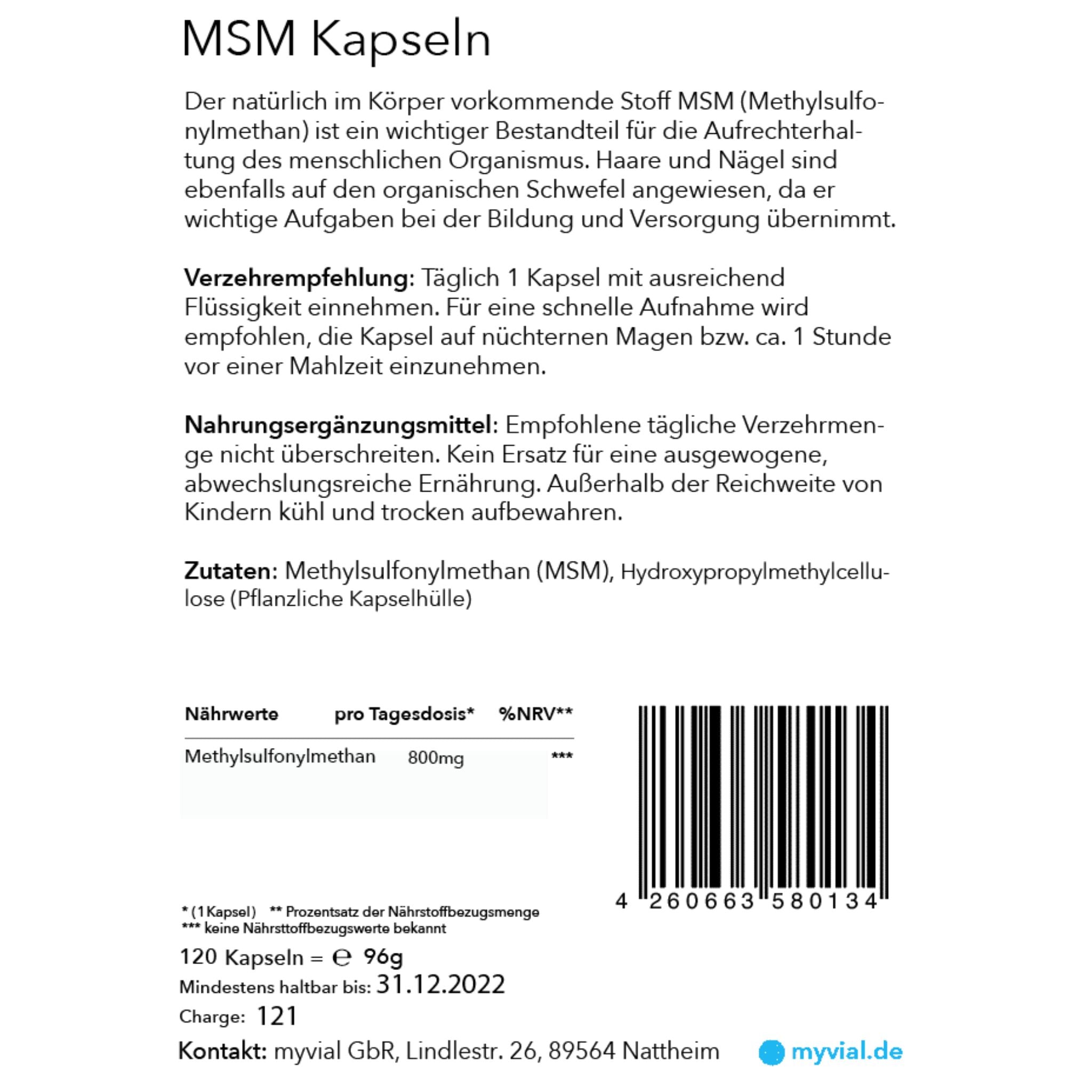 MSM hochdosiert 800mg - 120 Kapseln - myvial - Kapseln - Methylsulfonylmethan - MSM - montcalia.ch