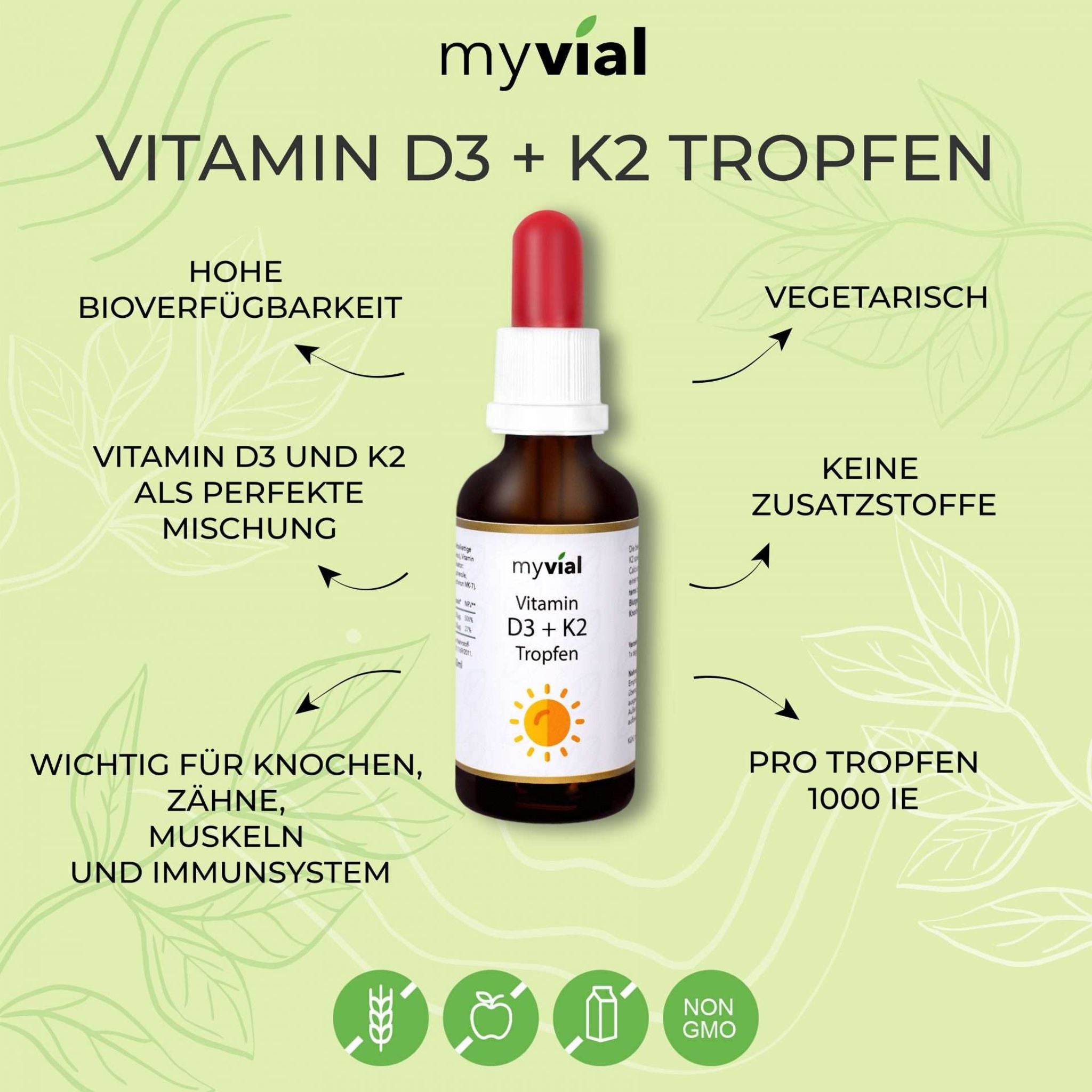 Vitamin D3 + K2 Tropfen - 50ml - myvial - 1000 UI - Allergien - D3 - montcalia.ch