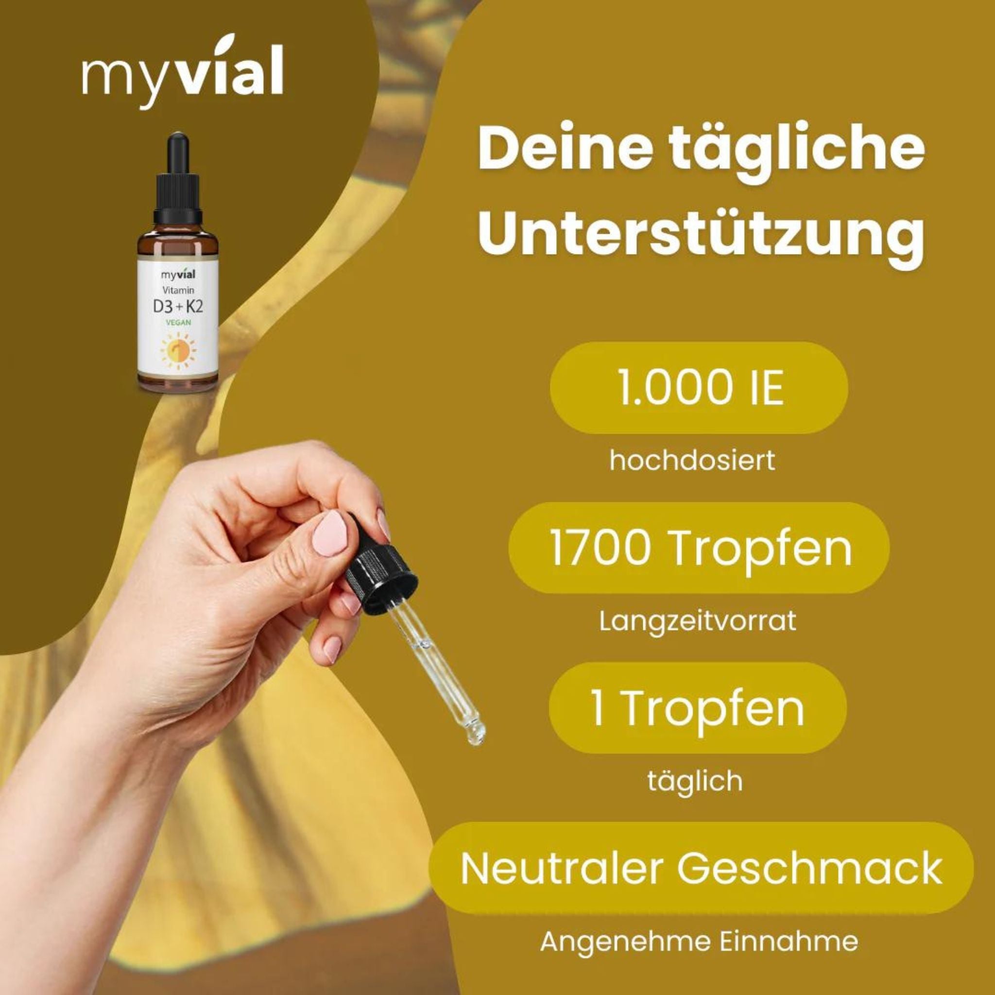 Vitamin D3 + K2 Tropfen - 50ml - myvial - 1000 UI - Allergien - D3 - montcalia.ch