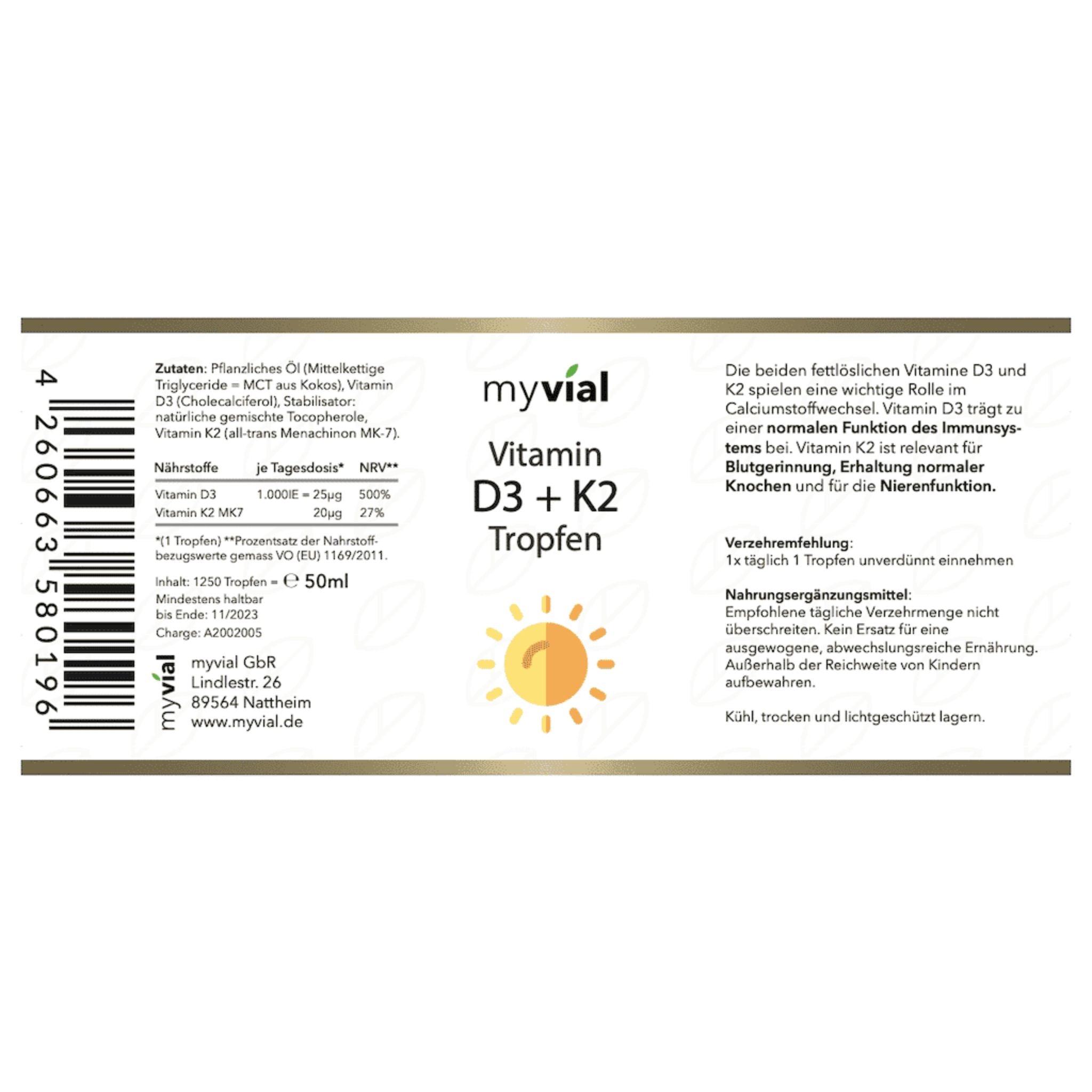 Vitamin D3 + K2 Tropfen - 50ml - myvial - 1000 UI - Allergien - D3 - montcalia.ch